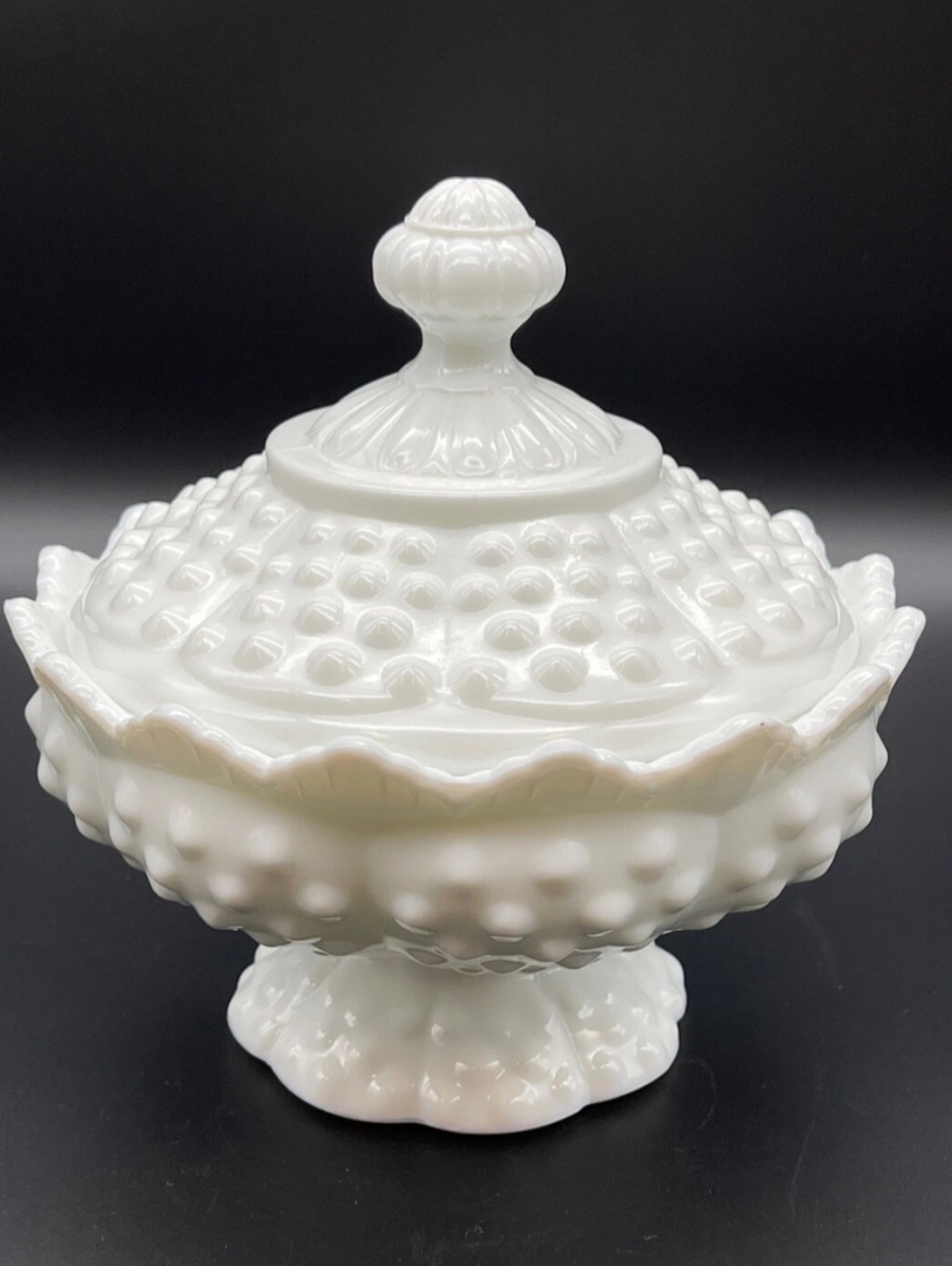 Vintage Fenton White Hobnail Milk Glass Pedestal Candy Dish and Lid 6.5" Talld